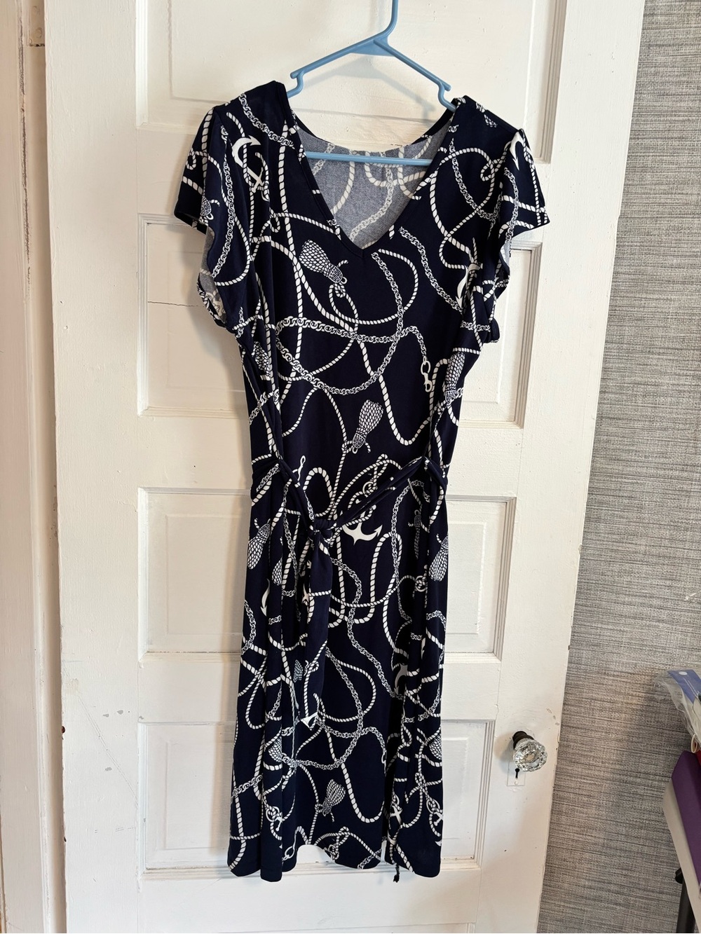 Nina Leonard Navy and White Rope-Print V-Neck Midi Dress